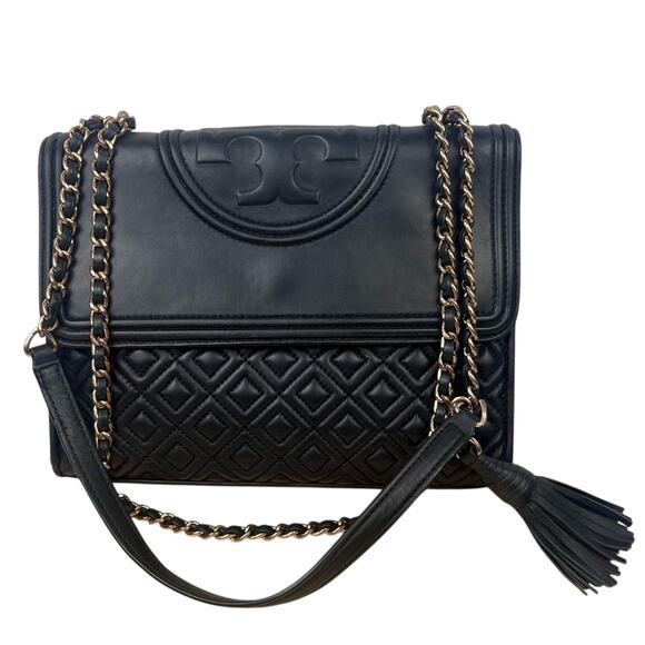 Tory Burch Fleming Large Convertible Shoulder Bag Purse Black Quilted Leather - Picture 1 of 13